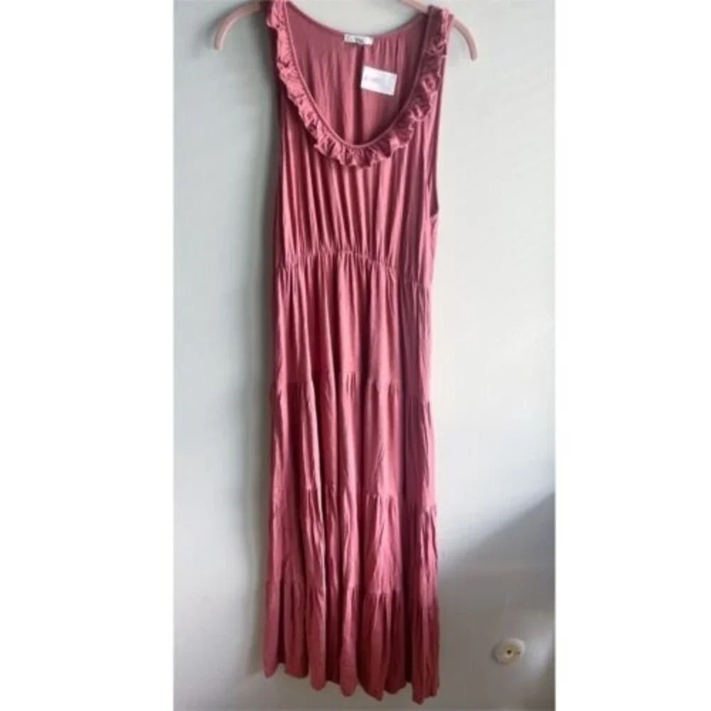 Jodifl Women’s Maxi Dress Sleeveless Tiered Pink Ruffle Large Boho CottageCore